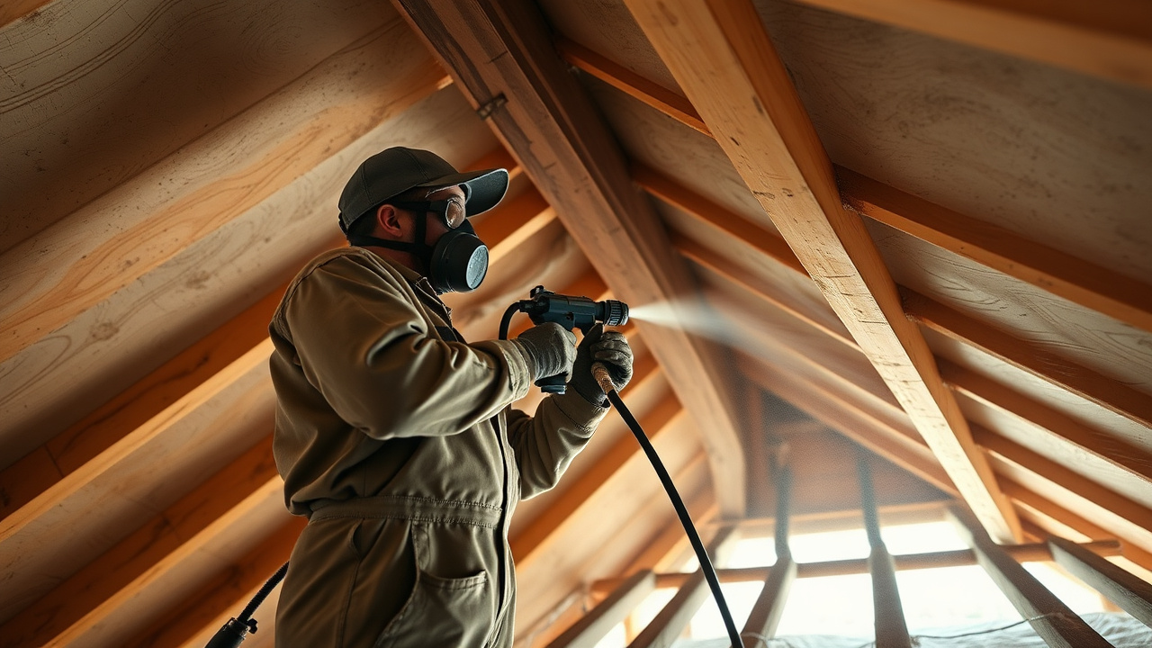 Technician spray-applying closed-cell spray foam insulation to a roof deck in a Kingman, Arizona attic